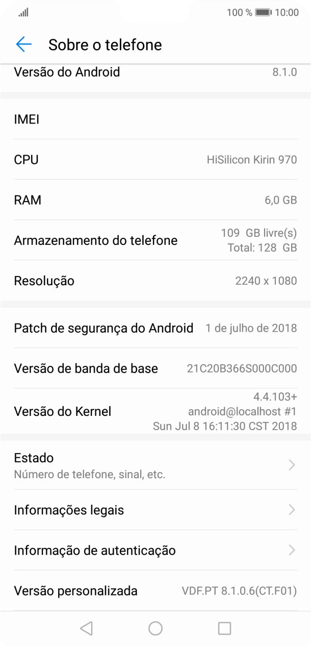 O código IMEI é mostrado no ecrã.