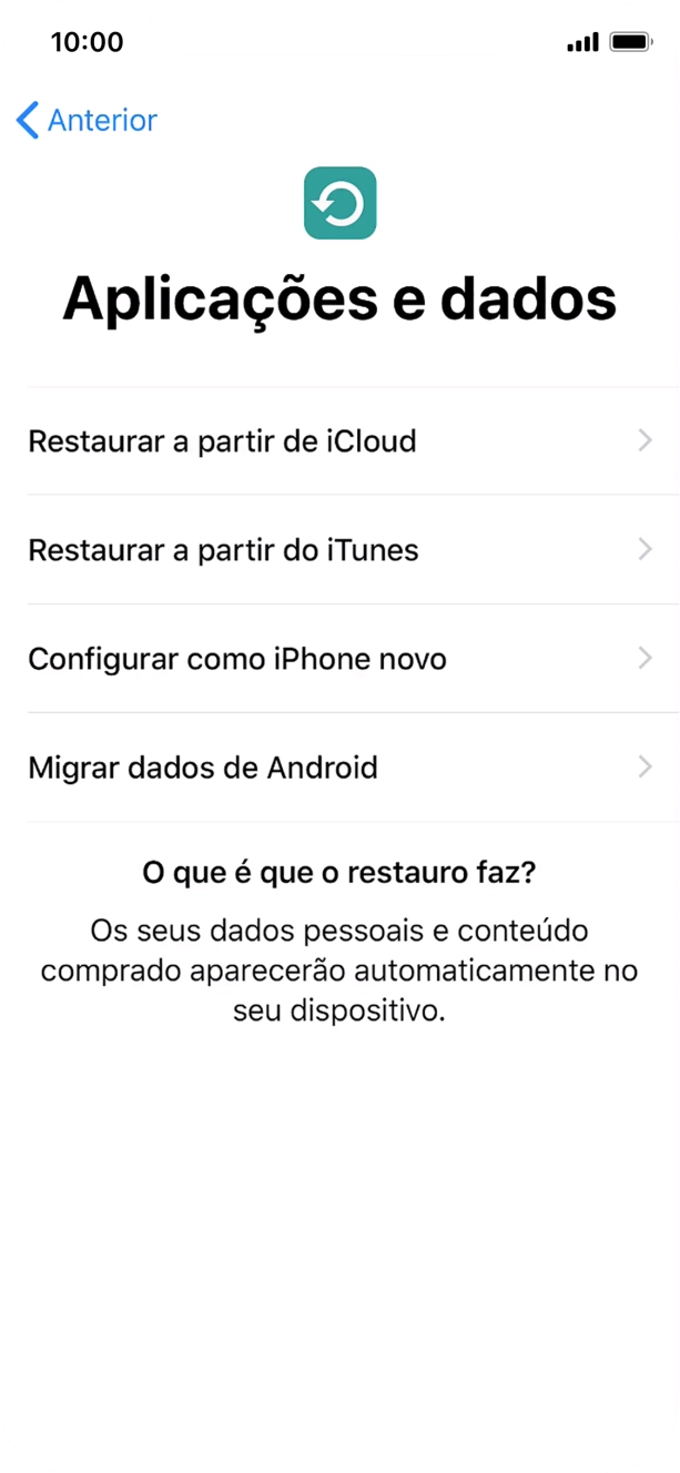 É possível restaurar conteúdo a partir de uma cópia de segurança em iCloud, quando o telefone for ativado antes da primeira utilização e quando o telefone tiver sido reiniciado. Quando esta imagem for mostrada no ecrã, o telefone está pronto para restaurar conteúdo a partir de uma cópia de segurança em iCloud.