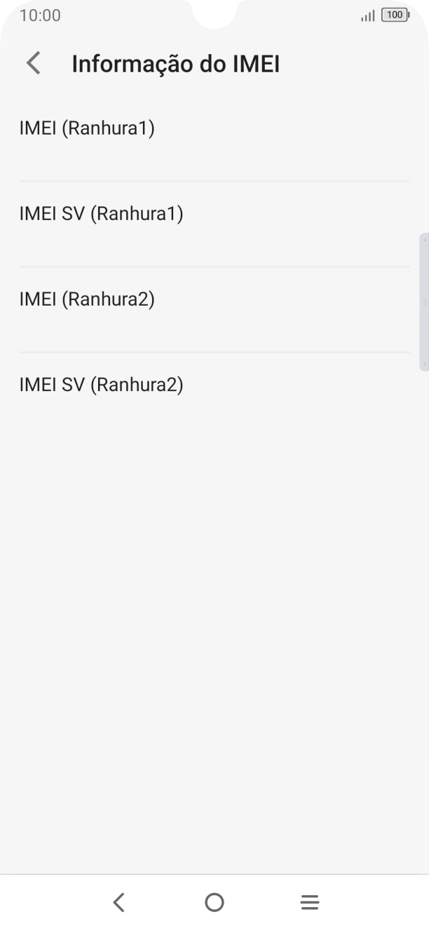 O código IMEI é mostrado no ecrã.