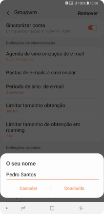 Introduza o nome de remetente e prima Concluído.