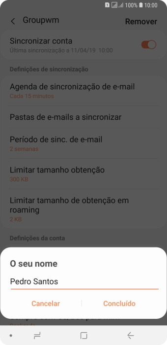 Introduza o nome de remetente e prima Concluído.