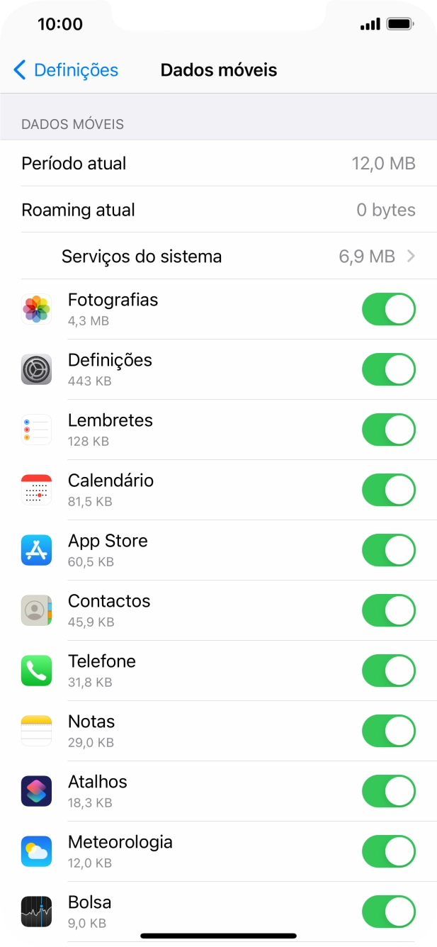 Prima o indicador junto das aplicações pretendidas para ativar ou desativar a função.