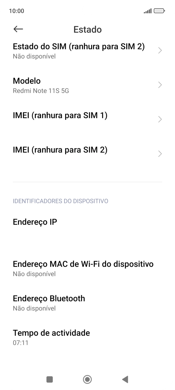 O código IMEI é mostrado no ecrã.
