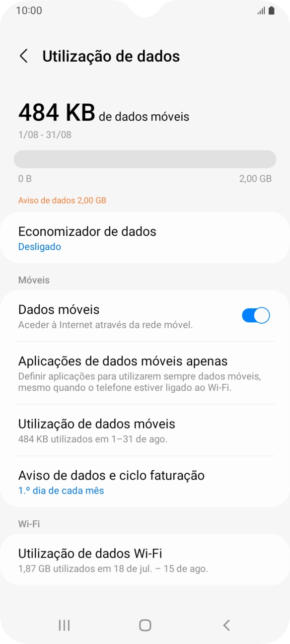 O consumo total de dados é agora mostrado no ecrã.