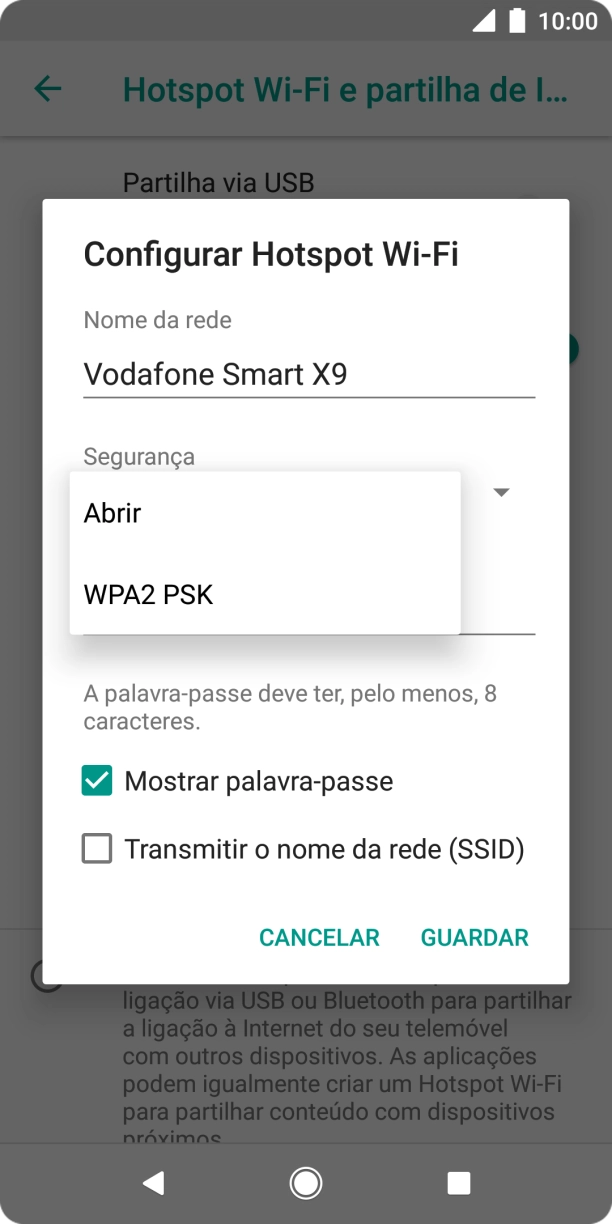 Prima WPA2 PSK para proteger o hotspot Wi-Fi com uma password.