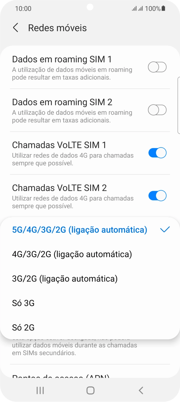 Prima o tipo de rede pretendido.