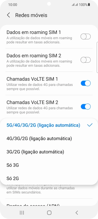 Prima o tipo de rede pretendido.