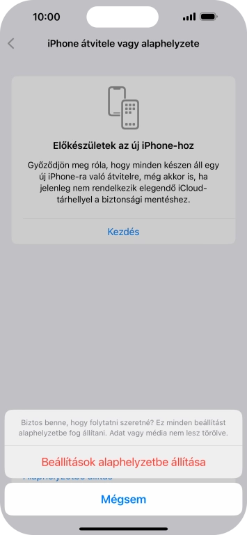 Válaszd a Beállítások alaphelyzetbe állítása lehetőséget. Várj egy kicsit, amíg a telefon visszaállítja a gyári beállításokat. A telefon konfigurálásához és ahhoz, hogy üzemkész állapotba hozd, kövesd a képernyőn megjelenő utasításokat.