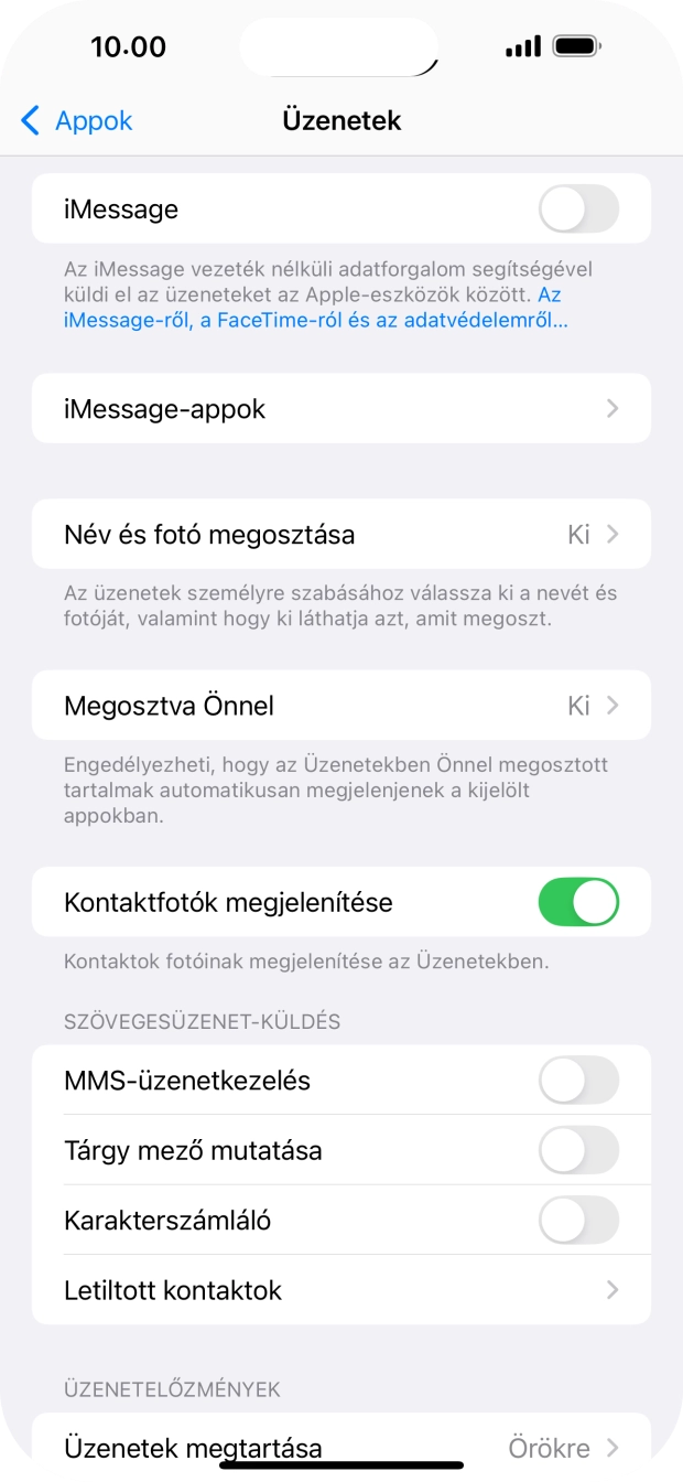 Kattints az „iMessage” melletti csúszkára a funkció bekapcsolásához.