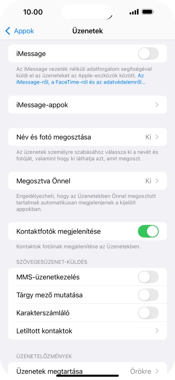 Kattints az „iMessage” melletti csúszkára a funkció bekapcsolásához.