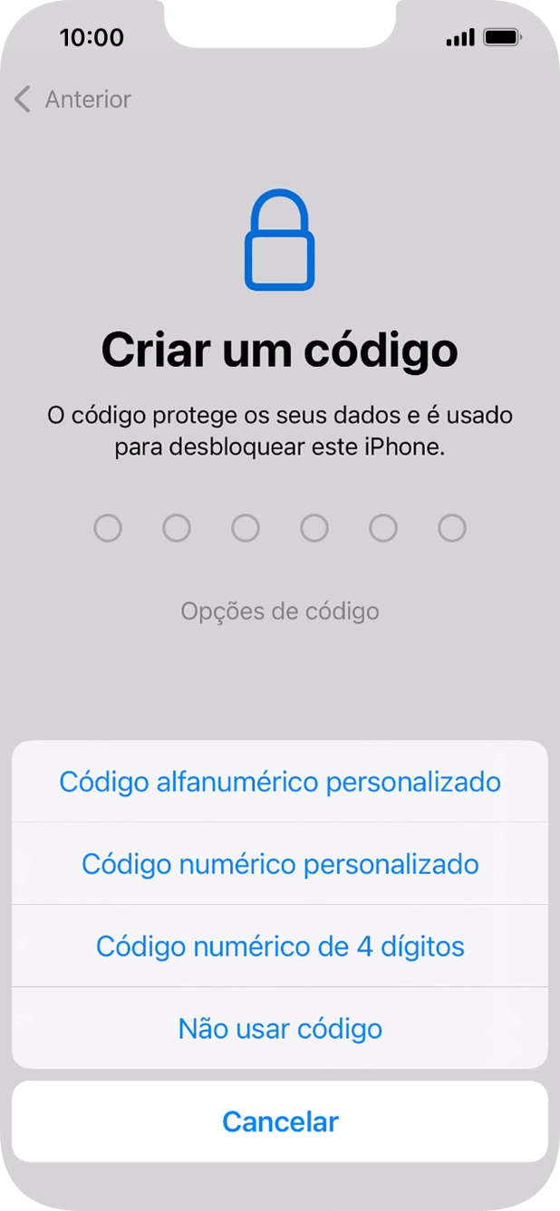 Siga as indicações no ecrã para ativar a utilização do código de bloqueio do telefone ou prima Não usar código.