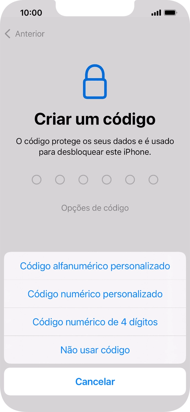 Siga as indicações no ecrã para ativar a utilização do código de bloqueio do telefone ou prima Não usar código.