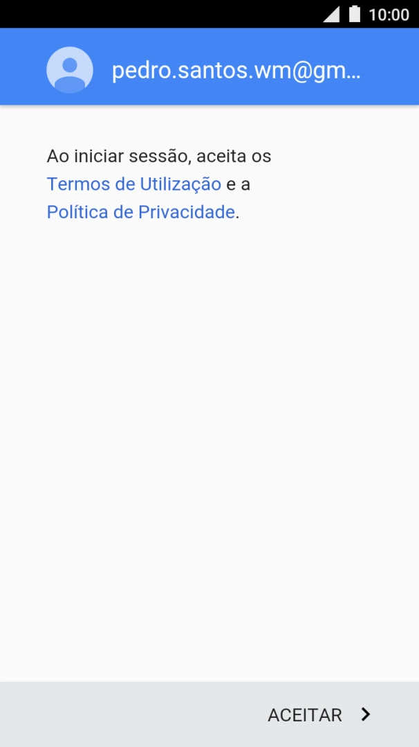 Prima ACEITAR e siga as indicações no ecrã para escolher as definições da conta Google.