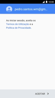 Prima ACEITAR e siga as indicações no ecrã para escolher as definições da conta Google.