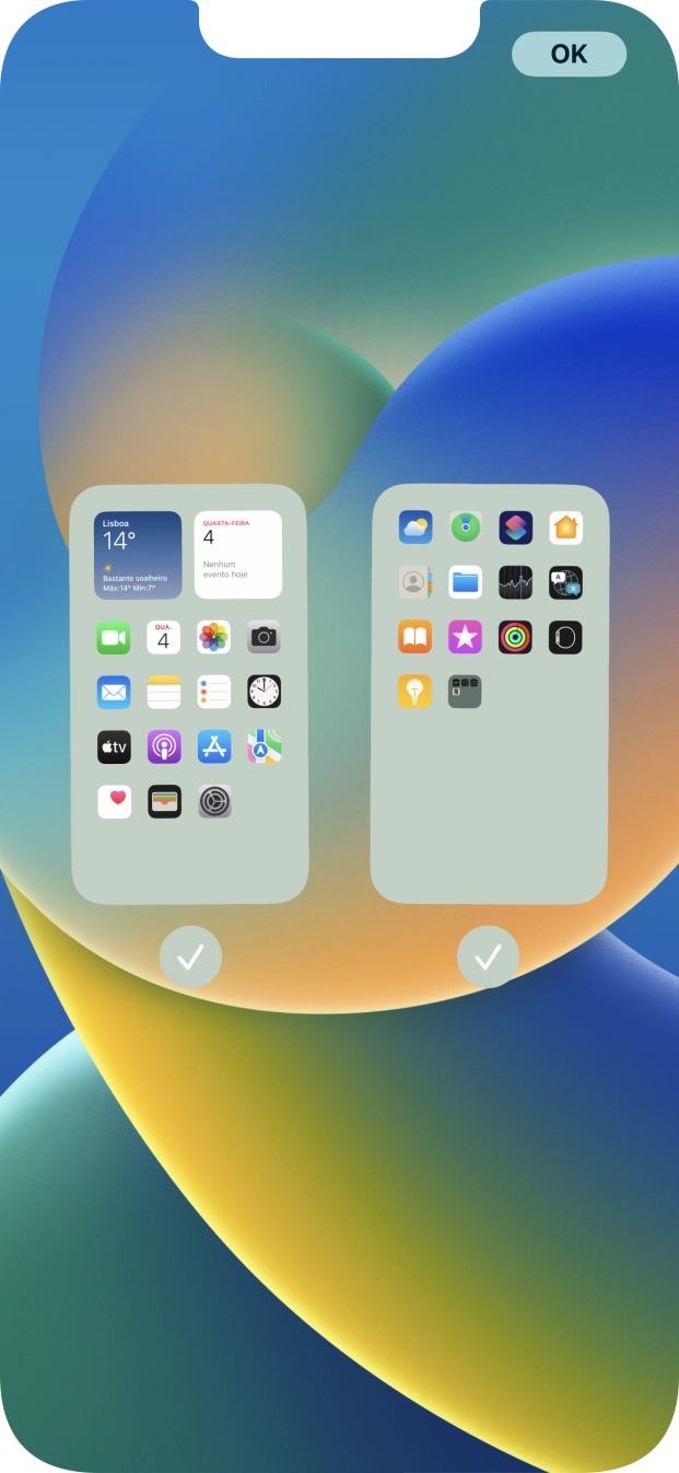Prima os campos sob as páginas do ecrã inicial pretendidas, para ativar ou desativar a exibição de páginas.