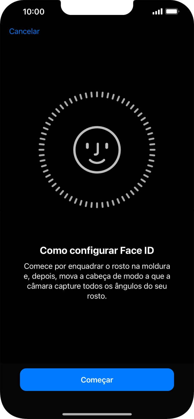Prima Começar e siga as indicações no ecrã para estabelecer um código de reconhecimento facial (Face ID).