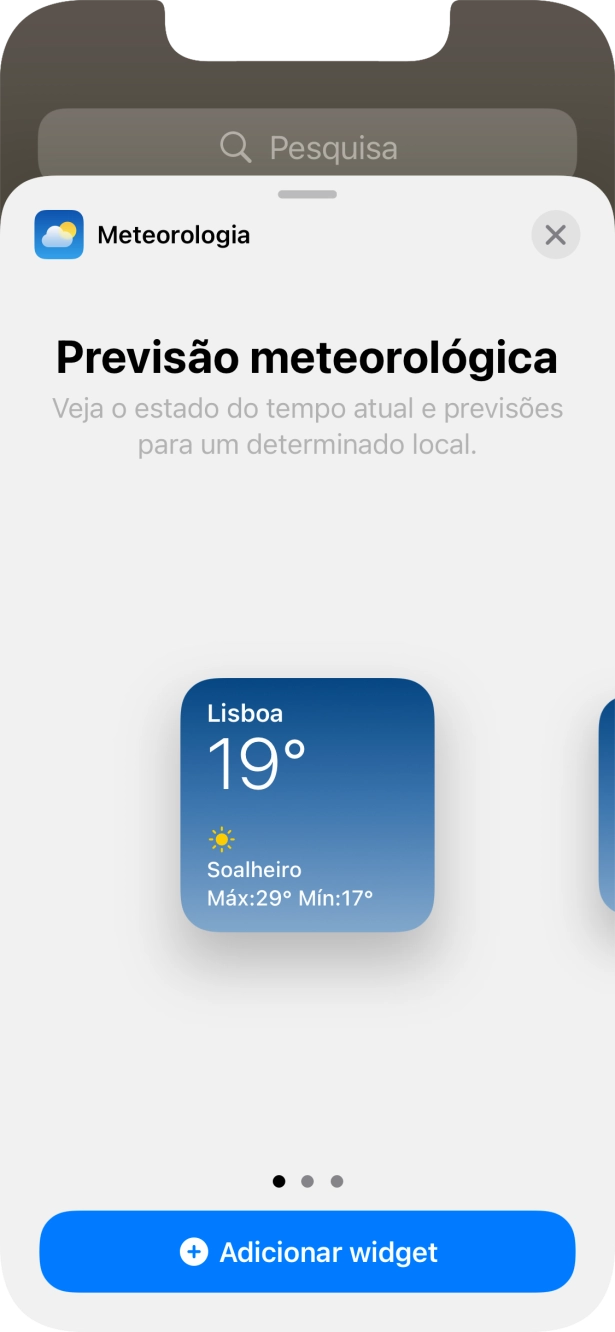 Para escolher a dimensão pretendida para o widget, deslize o dedo para a direita ou para a esquerda sobre o ecrã.