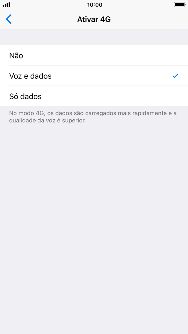 Para desativar o uso de 4G, prima Não.