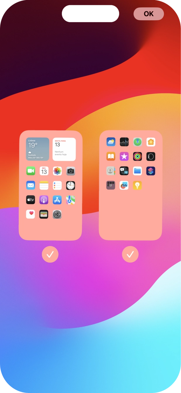 Prima os campos sob as páginas do ecrã inicial pretendidas, para ativar ou desativar a exibição de páginas.