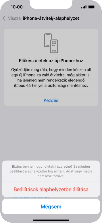 Válaszd a Beállítások alaphelyzetbe állítása lehetőséget. Várj egy kicsit, amíg a telefon visszaállítja a gyári beállításokat. A telefon konfigurálásához és ahhoz, hogy üzemkész állapotba hozd, kövesd a képernyőn megjelenő utasításokat.