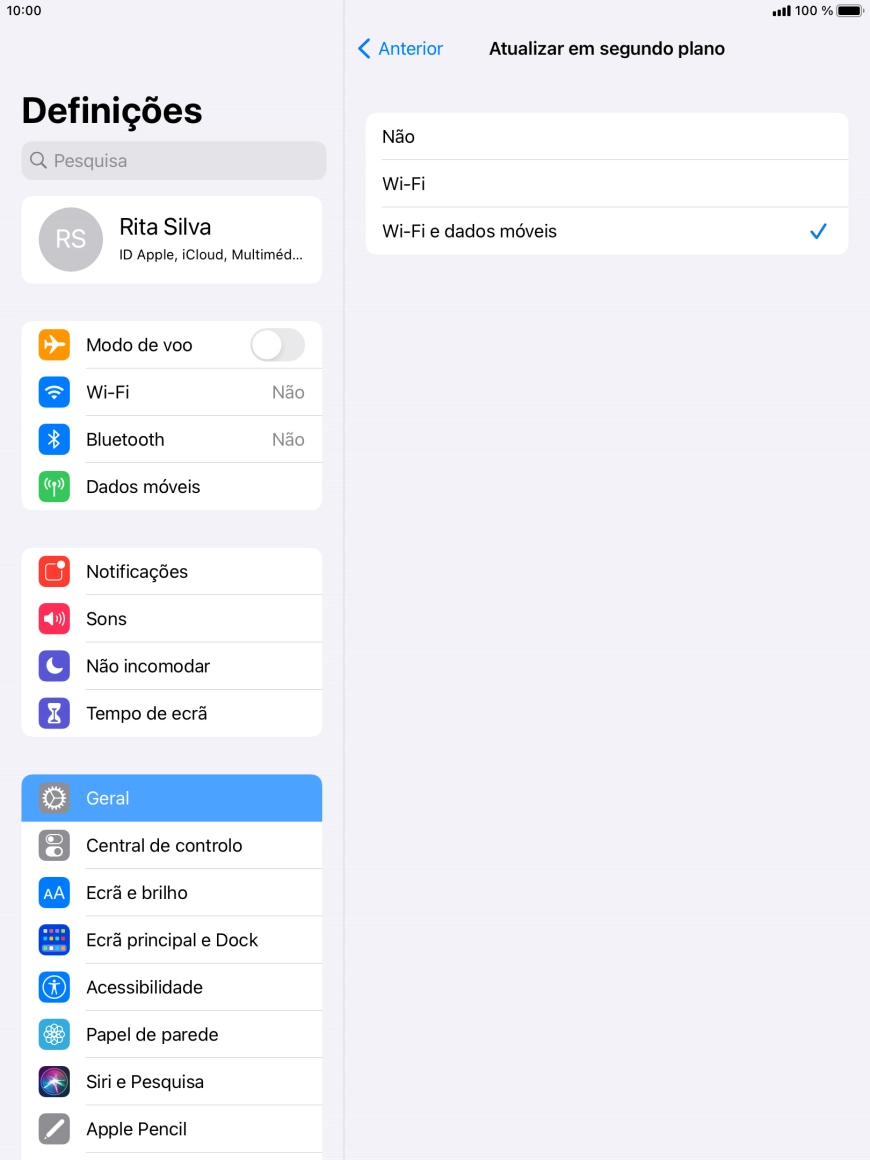 Para desativar a atualização de apps em segundo plano, prima Não.