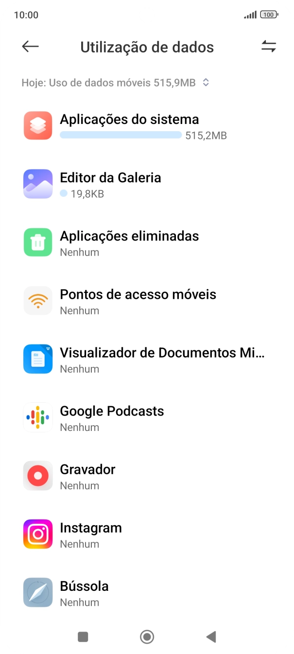 O consumo de dados de cada aplicação é mostrado sob o nome da aplicação.