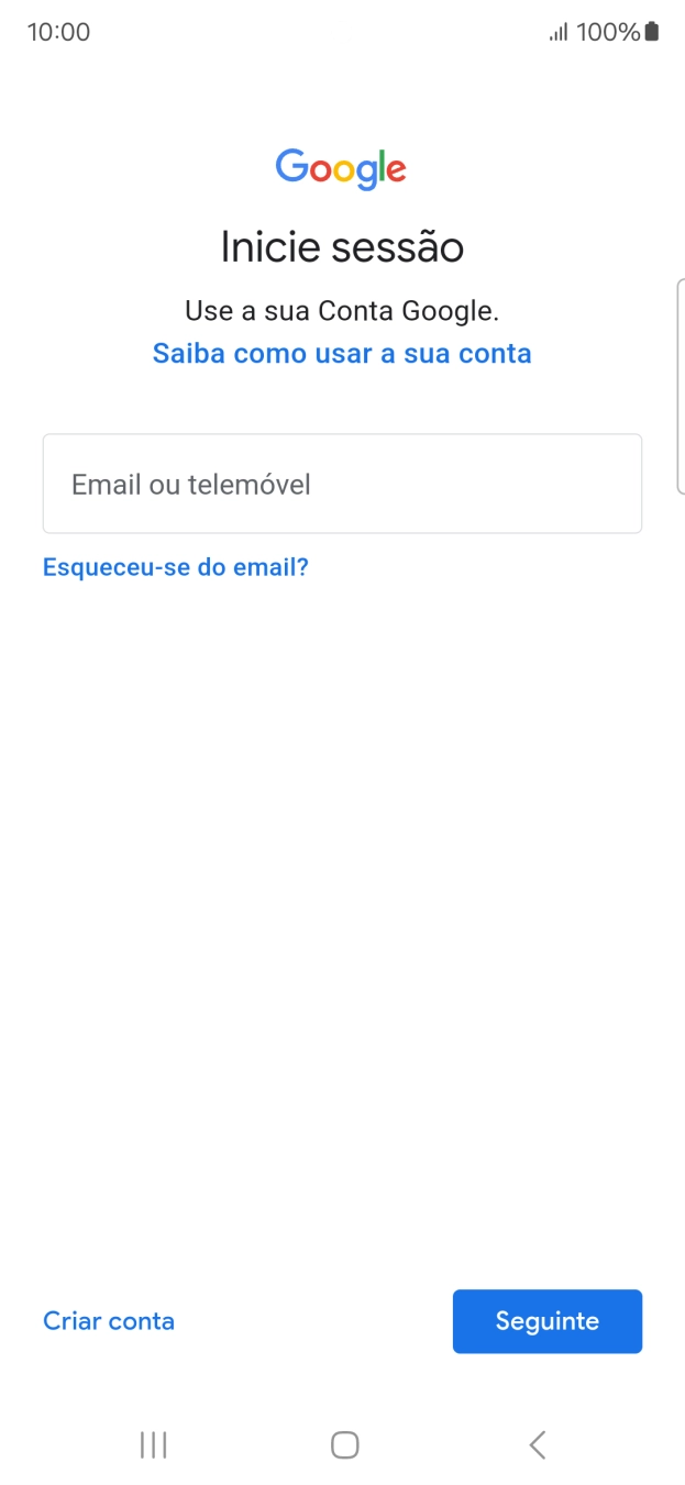 Se não tiver uma conta Google, prima Criar conta e siga as indicações no ecrã para criar uma conta.