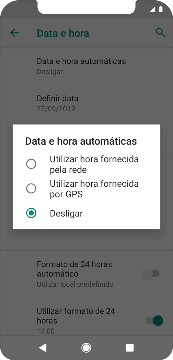 Prima Utilizar hora fornecida pela rede.