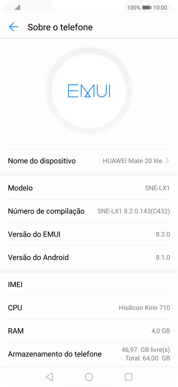 O código IMEI é mostrado no ecrã.