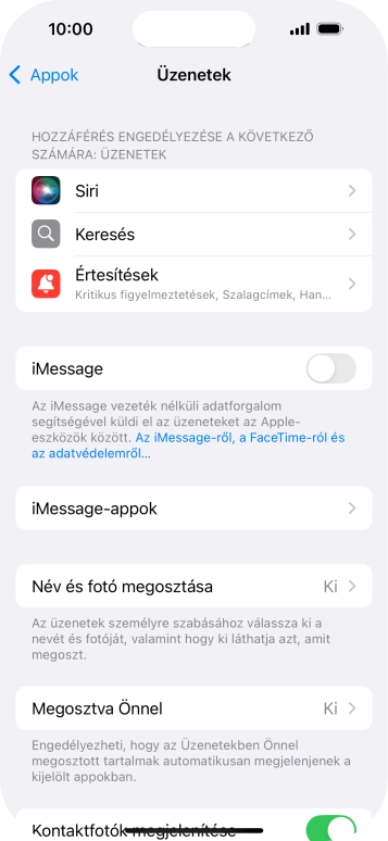Kattints az „iMessage” melletti csúszkára a funkció bekapcsolásához.