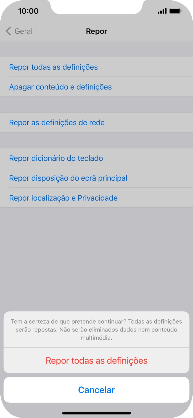 Prima Repor todas as definições. Aguarde um momento enquanto o telefone restabelece as definições originais. Siga as indicações no ecrã para configurar o telefone de modo que este fique pronto a ser utilizado.