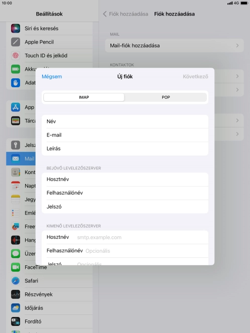 Kattints a Hosztnév mezőre, és írd be az e-mail szolgáltatód kimenő szerverének a nevét.
