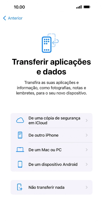 É possível transferir conteúdo de um telefone Android quando o telefone for ativado antes da primeira utilização e quando o telefone tiver sido reiniciado. Quando esta imagem for mostrada no ecrã, o telefone está pronto para transferir conteúdo de um telefone Android.