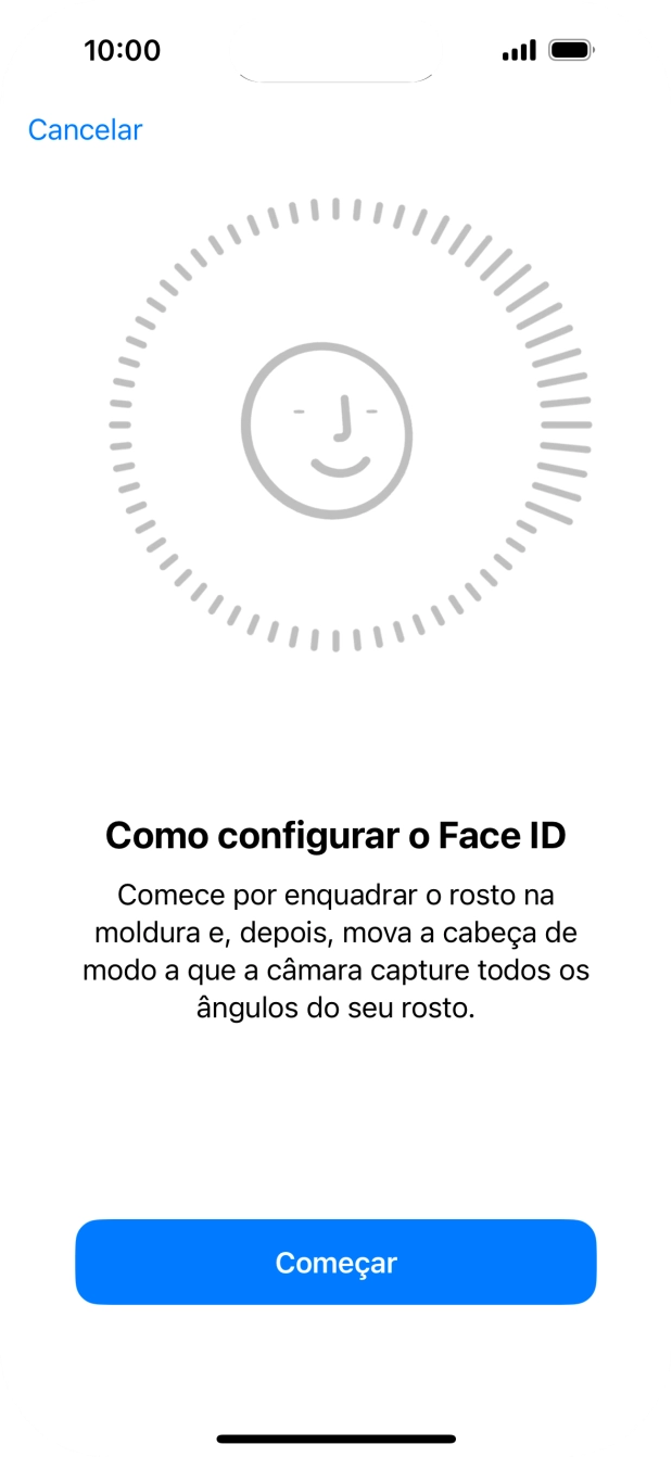 Prima Começar e siga as indicações no ecrã para estabelecer um código de reconhecimento facial (Face ID).