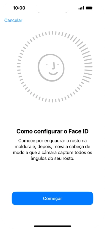 Prima Começar e siga as indicações no ecrã para estabelecer um código de reconhecimento facial (Face ID).