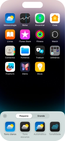 Prima as definições pretendidas para escolher o tamanho dos ícones de apps no ecrã inicial.