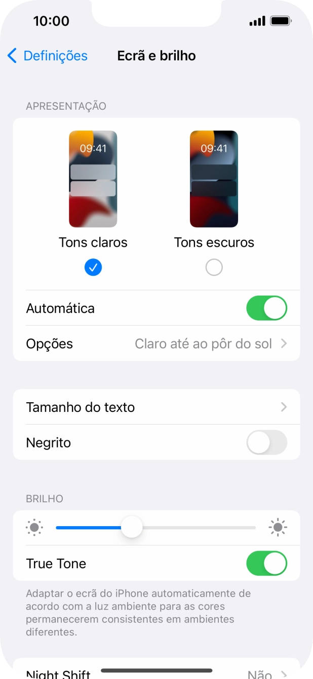 Quando ativar a função, prima Opções e siga as indicações no ecrã para escolher o período pretendido para o Modo Escuro.