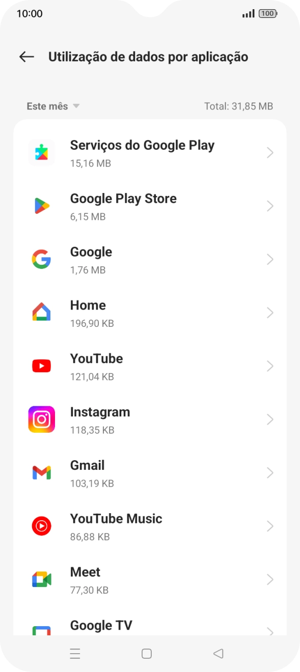 O consumo de dados de cada aplicação é mostrado sob o nome da aplicação.