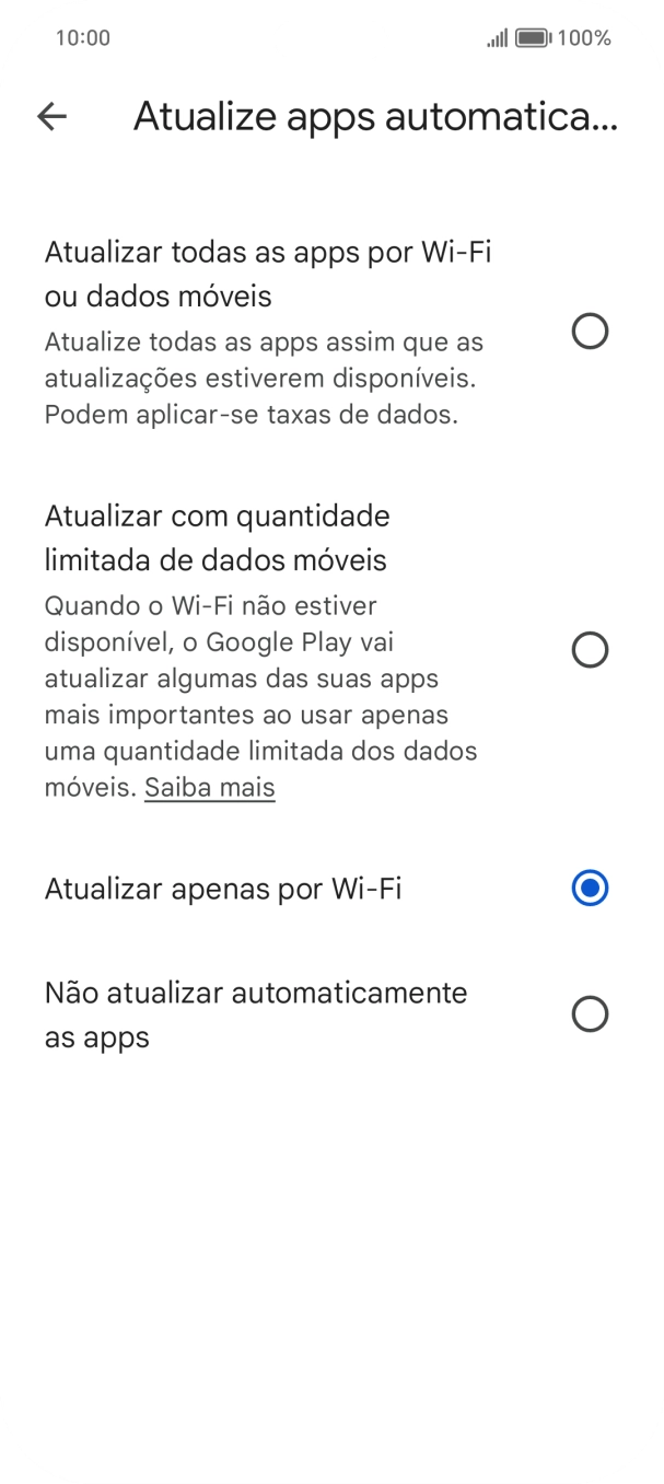 Para ativar a atualização automática de apps via redes móveis, prima Atualizar todas as apps por Wi-Fi ou dados móveis.