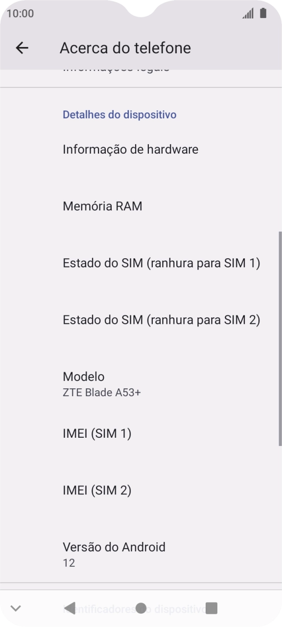 O código IMEI é mostrado no ecrã.