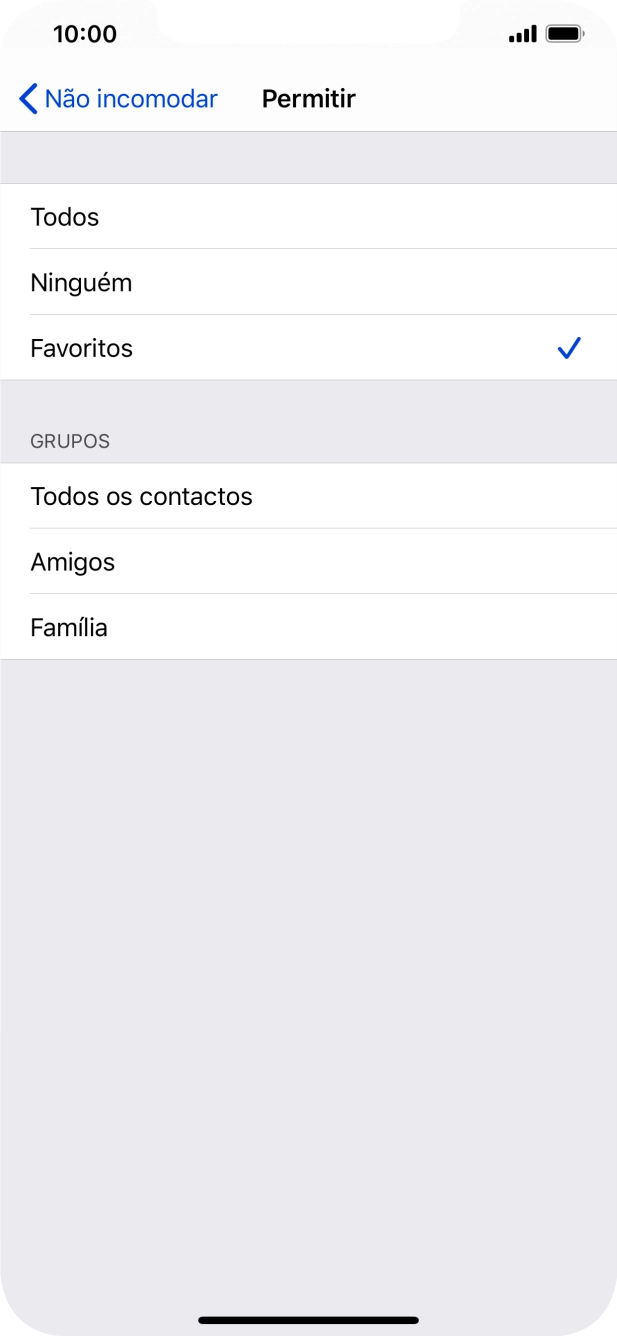 Prima as definições pretendidas para escolher quais os contactos que lhe podem ligar quando a função 