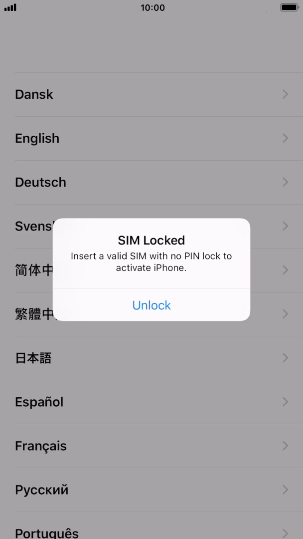 Se o cartão SIM estiver bloqueado, prima Unlock.