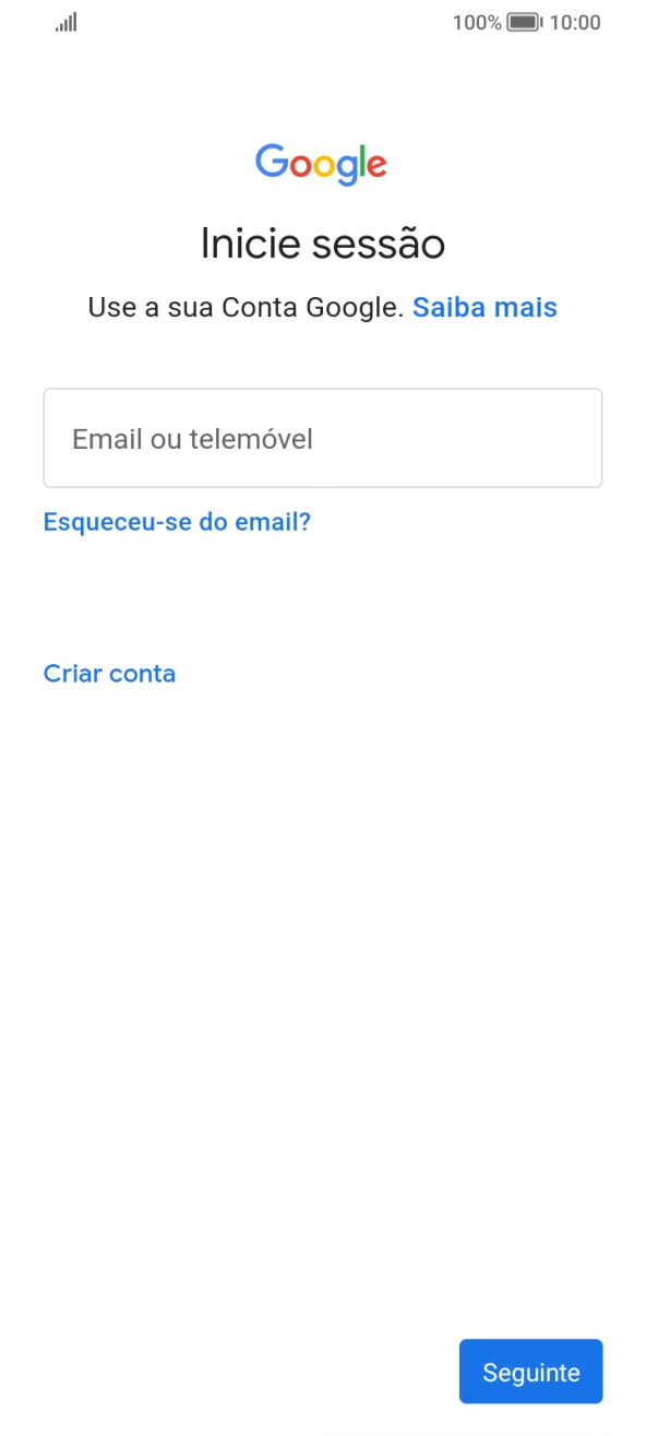 Se não tiver uma conta Google, prima Criar conta e siga as indicações no ecrã para criar uma conta.