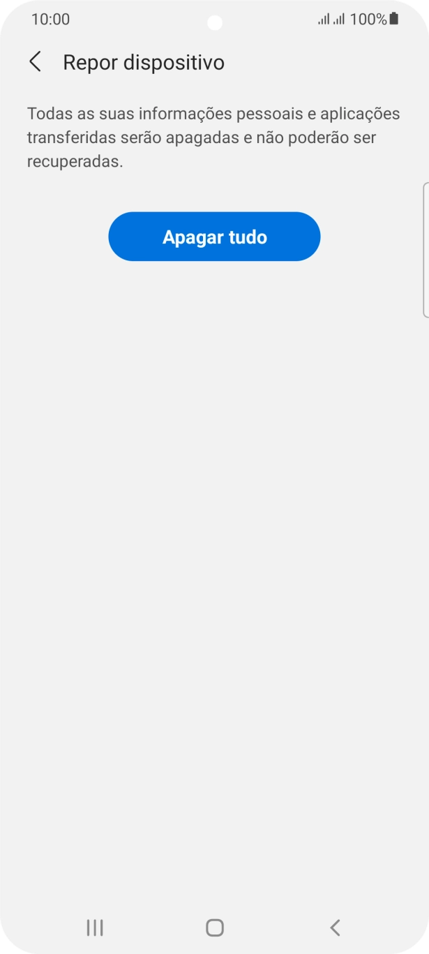 Prima Apagar tudo. Aguarde um momento enquanto o telefone restabelece as definições originais. Siga as indicações no ecrã para configurar o telefone de modo que este fique pronto a ser utilizado.