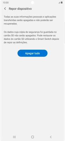 Prima Apagar tudo. Aguarde um momento enquanto o telefone restabelece as definições originais. Siga as indicações no ecrã para configurar o telefone de modo que este fique pronto a ser utilizado.