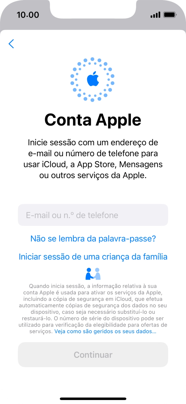 Prima E-mail ou n.º de telefone e introduza o nome de utilizador do seu ID Apple.