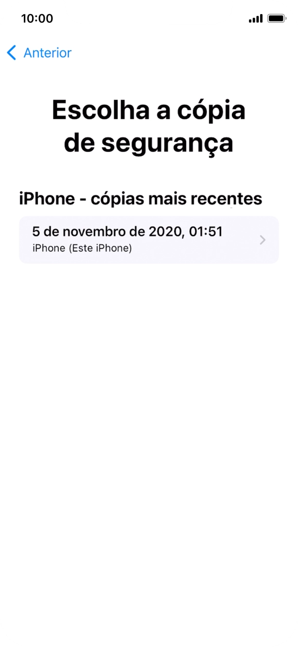 Prima a cópia de segurança pretendida e aguarde enquanto o telefone restaura o conteúdo a partir da cópia de segurança escolhida. Siga as indicações posteriores no ecrã para configurar o telefone de modo que este fique pronto a ser utilizado.