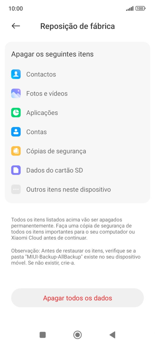 Prima Apagar todos os dados.