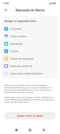 Prima Apagar todos os dados.