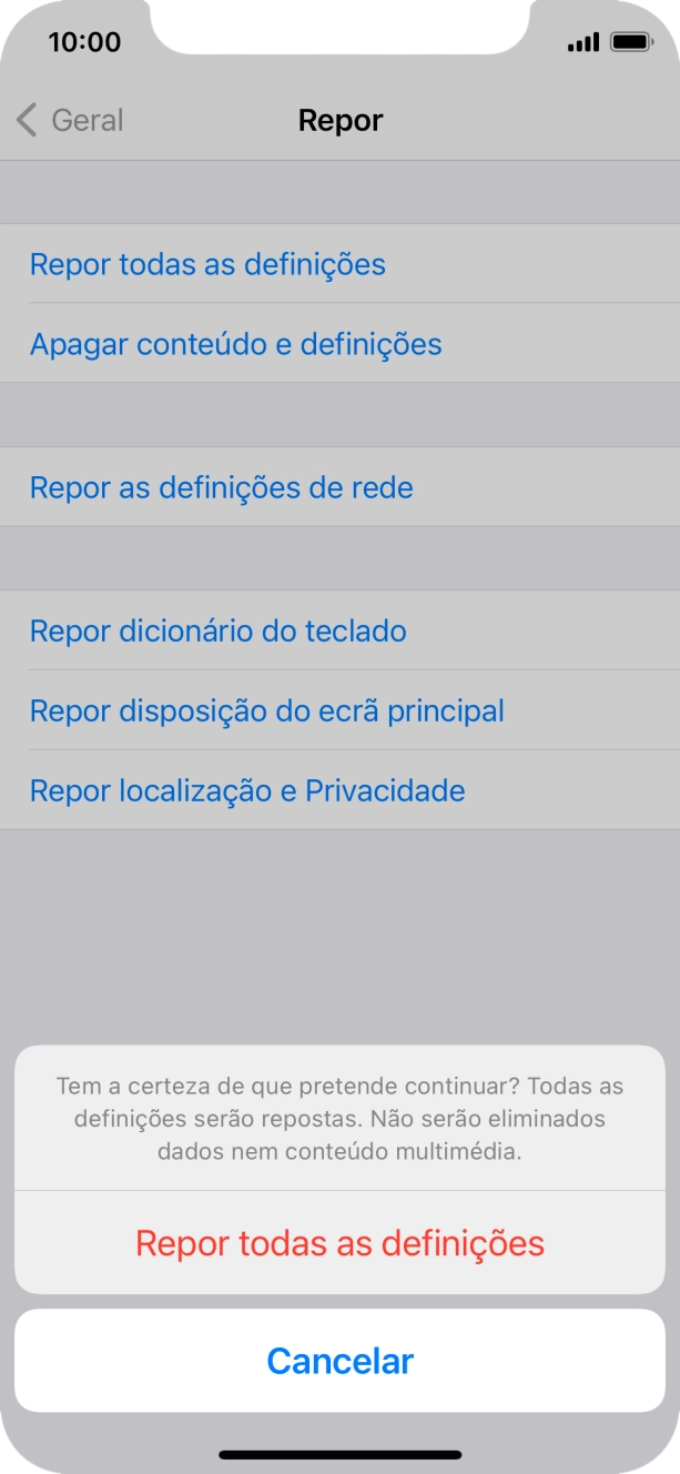 Prima Repor todas as definições. Aguarde um momento enquanto o telefone restabelece as definições originais. Siga as indicações no ecrã para configurar o telefone de modo que este fique pronto a ser utilizado.